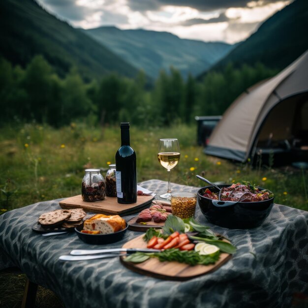 Dîner avec du vin en plein air près d'une tente touristique dans les montagnes