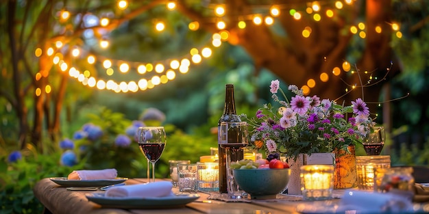 Un dîner enchanteur dans le jardin avec des lumières au crépuscule.