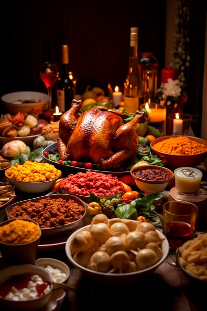 Dîner festif de Thanksgiving avec de la dinde sur un fond sombre Alimentation générative AI