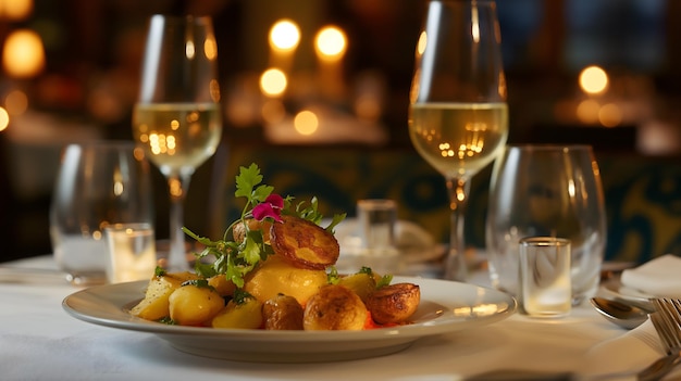 Un dîner gourmet avec des pommes de terre grillées élégantes et du vin dans un restaurant haut de gamme