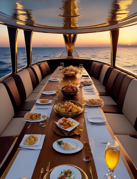 Un dîner de luxe sur un yacht avec toutes les commodités de la mer.