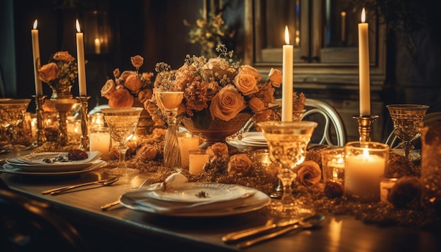 Dîner de mariage élégant Romance de vin d'argenterie aux chandelles générée par l'IA