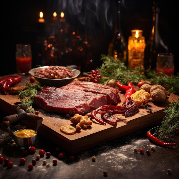 Dîner de Noël griller un steak avec des légumes