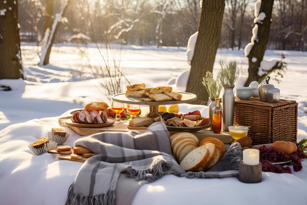 Photo dîner de noël en plein air avec un pique-nique gourmet avec des plats