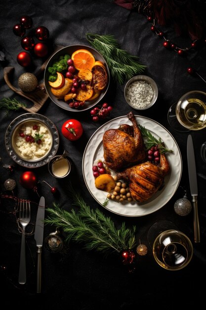 Dîner de Noël pour deux vue de haut fond sombre génératif ai