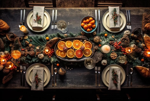 dîner de Noël sur une table avec des oranges fraîches et