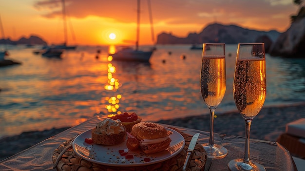 Dîner sur la plage au coucher du soleil pour deux Manger de luxe et boire du champagne dans un restaurant avec vue sur la mer et yachts en arrière-plan Vacances d'été ou thème de mariage