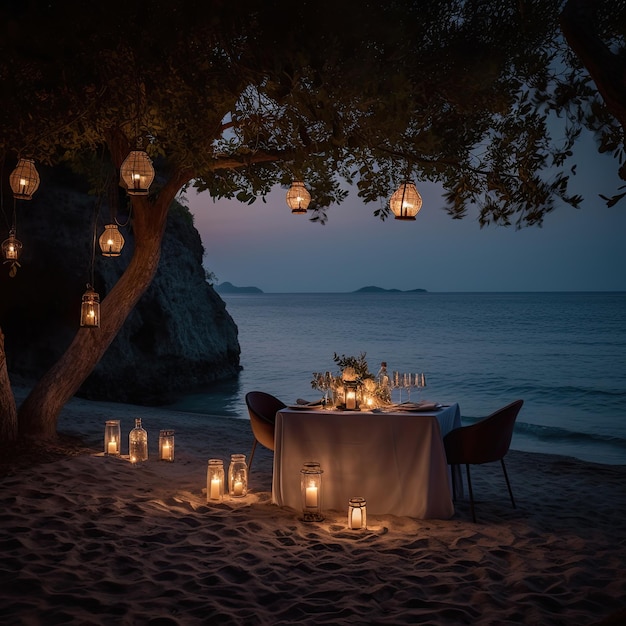 Dîner sur la plage au coucher du soleil