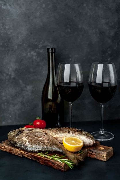 Dîner Pour Deux - Poisson Dorado Grillé Servi Sur Une Planche à Découper Avec Des épices Et Une Bouteille De Vin, Verres Sur Un Fond De Pierre