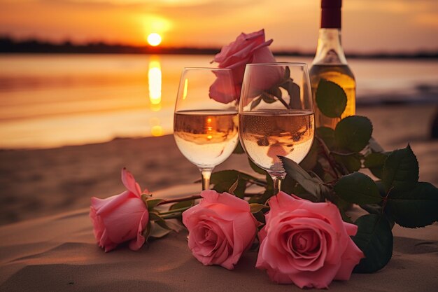 Photo dîner romantique au coucher du soleil sur la plage pour deux avec une nourriture luxueuse et des boissons au vin de rose