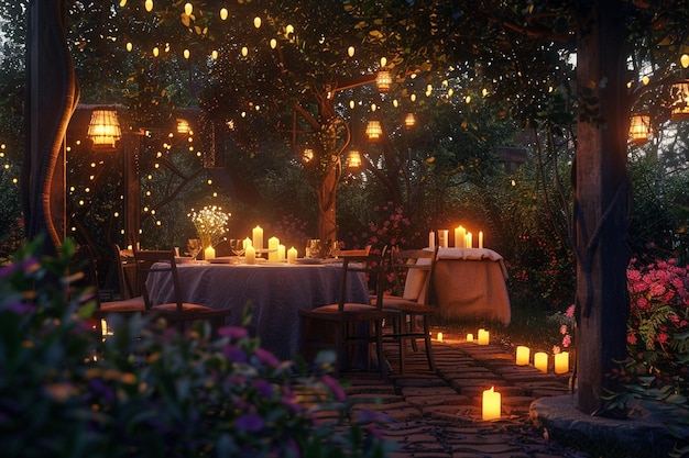 Dîner romantique aux bougies dans un jardin isolé