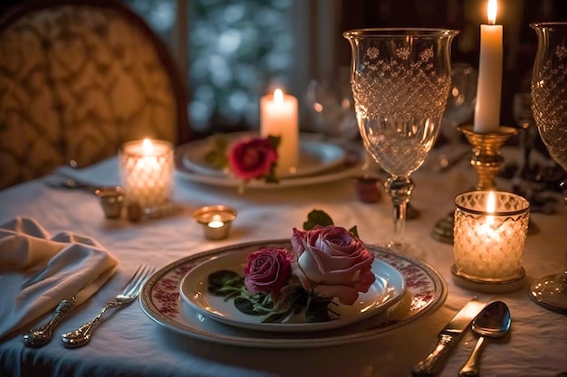 Dîner romantique aux chandelles avec une rose Saint Valentin Generative AI