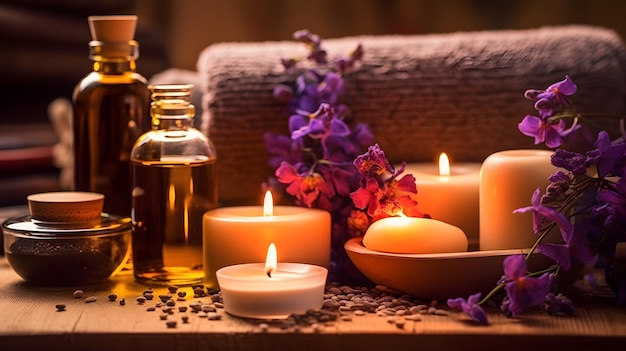 Dîner romantique aux chandelles avec serviette de fleurs et huile aromatique