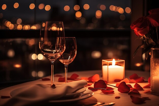 Dîner romantique décoration rouge à la lumière de bougies dans un restaurant Focus sélectif