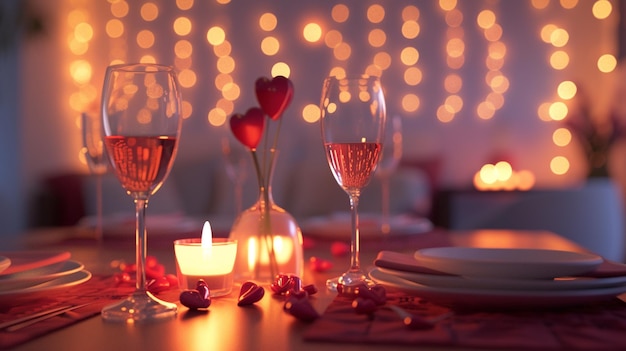 Photo un dîner romantique avec deux verres de champagne et des bougies.