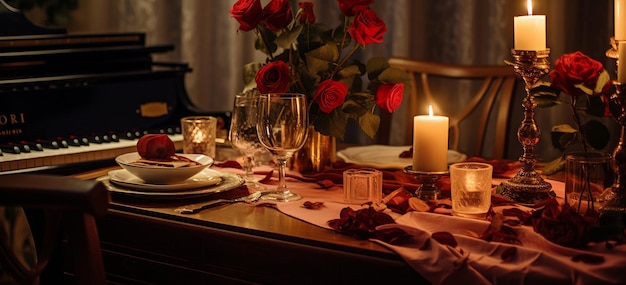 un dîner romantique à la maison avec des bougies et de la musique douce