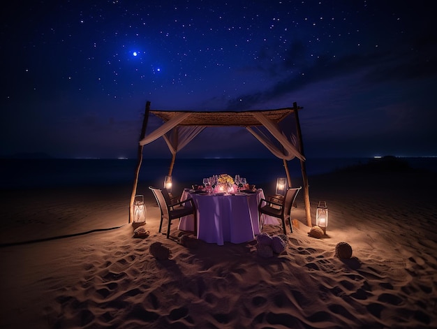 Un dîner romantique sur la plage le soir