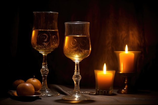 Dîner romantique pour deux avec verres à vin et bougies