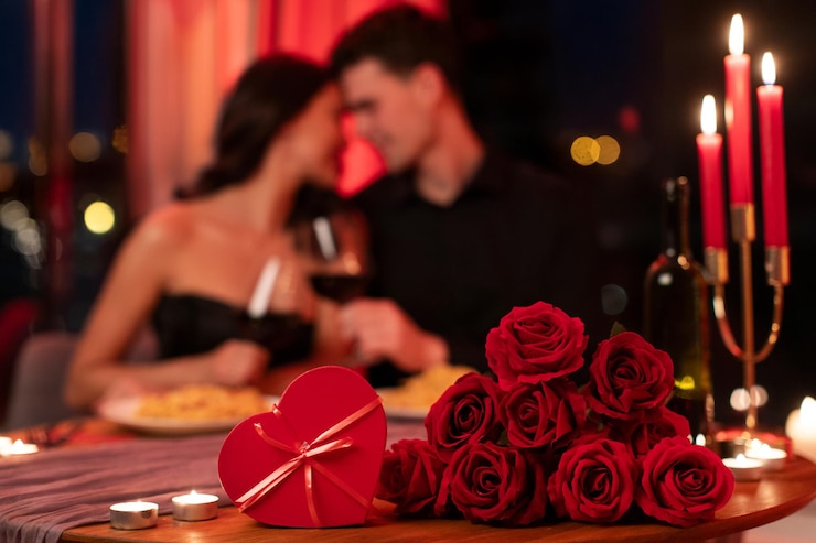 Photo dîner romantique de la saint-valentin un couple amoureux se câlinant sur le fond ont une date dans l'atmosphère