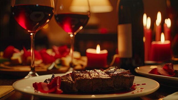 Dîner romantique avec un verre de vin et un plat de viande
