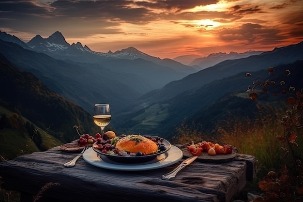 Dîner romantique avec vue sur la montagne au coucher du soleil Generative AI