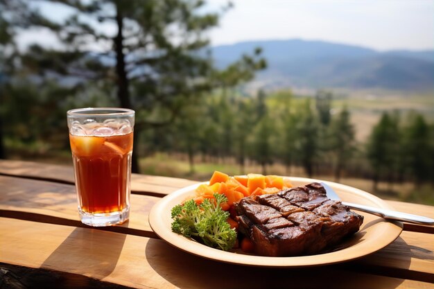 Dîner avec rôti en casserole et soda sur la zone extérieure et la nature de la colline en arrière-plan