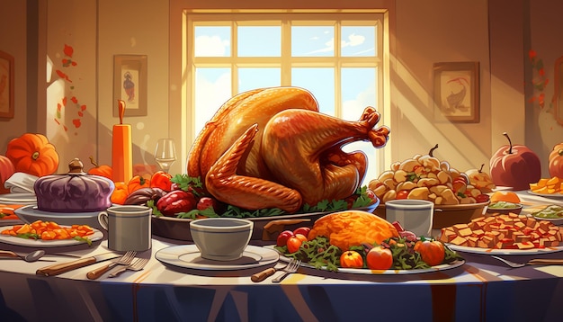 Photo dîner de thanksgiving à la dinde de dessin animé drôle