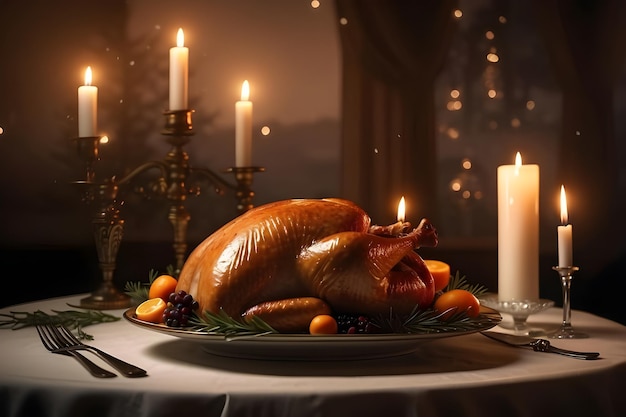 Dîner de Thanksgiving avec de la dinde rôtie et des bougies sur la table dans une pièce sombre