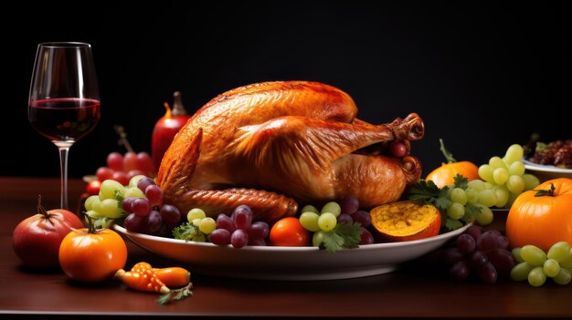 Dîner de Thanksgiving avec de la dinde rôtie et des fruits gourmands sur une table en bois