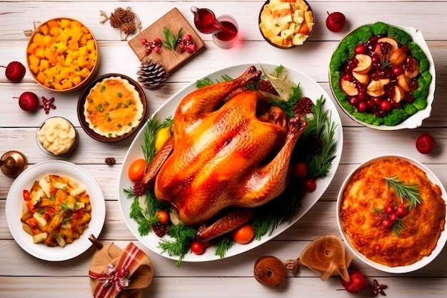 dîner de Thanksgiving avec dinde rôtie sur table en bois blanc vue sur le dessus