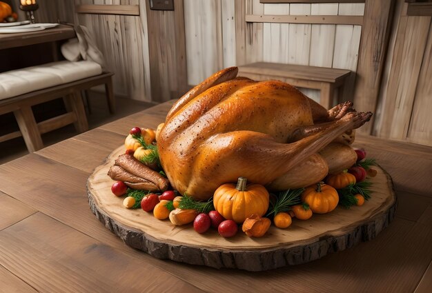 Dîner de Thanksgiving avec de la dinde rôtie sur une table en bois rustique