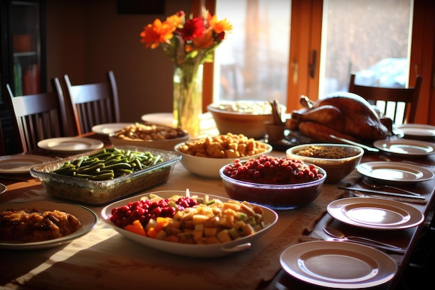 Dîner de Thanksgiving avec de la dinde sur la table généré par l'IA