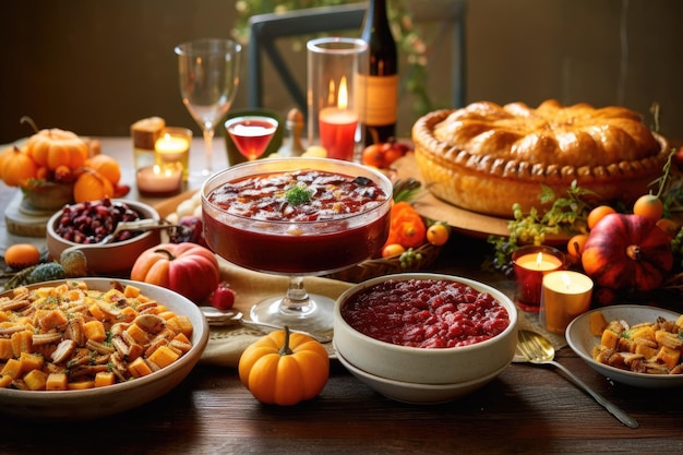 Dîner de Thanksgiving avec des fruits et légumes de saison vin poulet sauce aux canneberges et tarte à la citrouille...