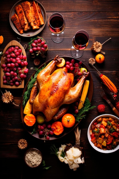 Dîner traditionnel de Thanksgiving avec dinde rôtie sur une table en bois rustique