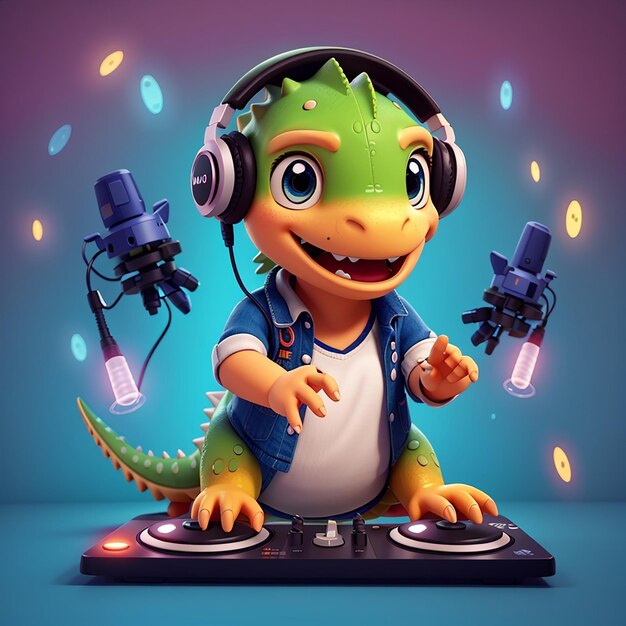 Dino mignon jouant de la musique électronique DJ avec des écouteurs illustration d'icône vectorielle de dessin animé musique animale