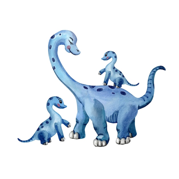 Dinosaure aquarelle maman et bébé Diplodocus bleu mignon izolé sur fond blanc