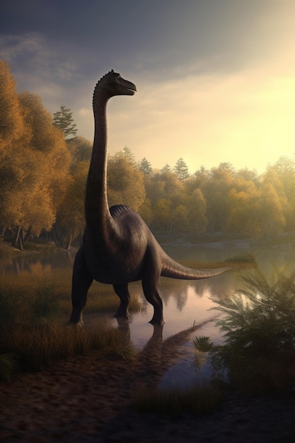 Un dinosaure au long cou se dresse dans un étang.