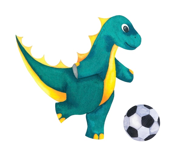 Photo dinosaure avec un ballon de football équipement sportif illustration dessinée à la main