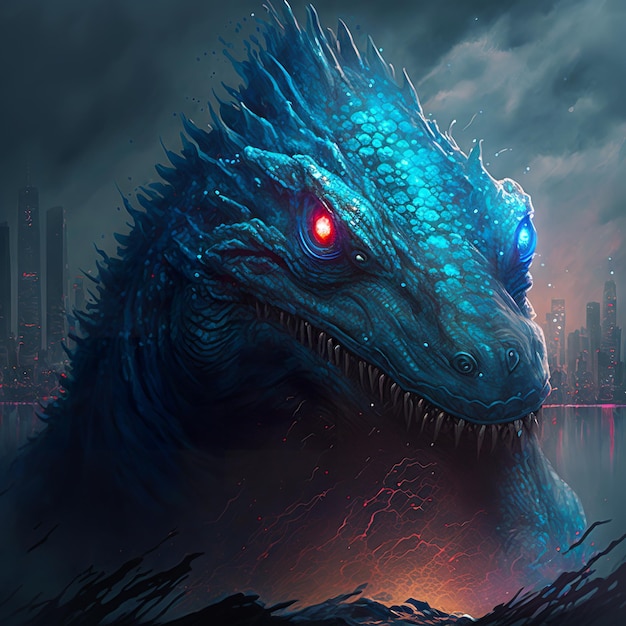 Un dinosaure bleu avec un œil rouge et une ville en arrière-plan.