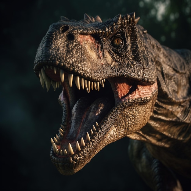 Photo un dinosaure à la bouche blanche et aux dents jaunes.