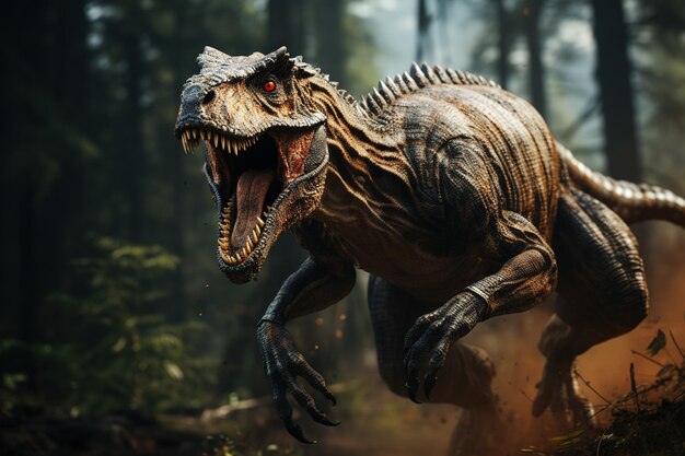 Un dinosaure à la bouche ouverte et aux dents qui court dans la forêt.