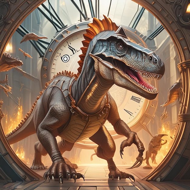 Photo un dinosaure avec un cadran d'horloge qui dit l'heure de 11 heures