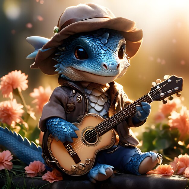 Photo un dinosaure avec un chapeau et une guitare dans l'herbe