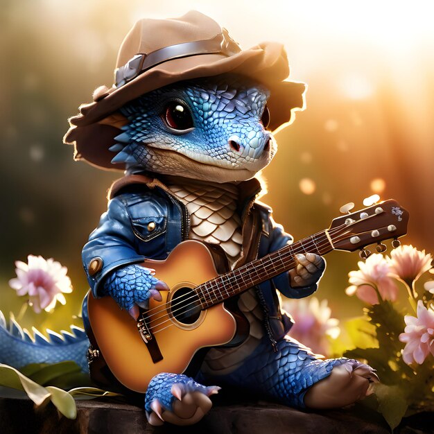 Photo un dinosaure avec un chapeau et une guitare dans la nature