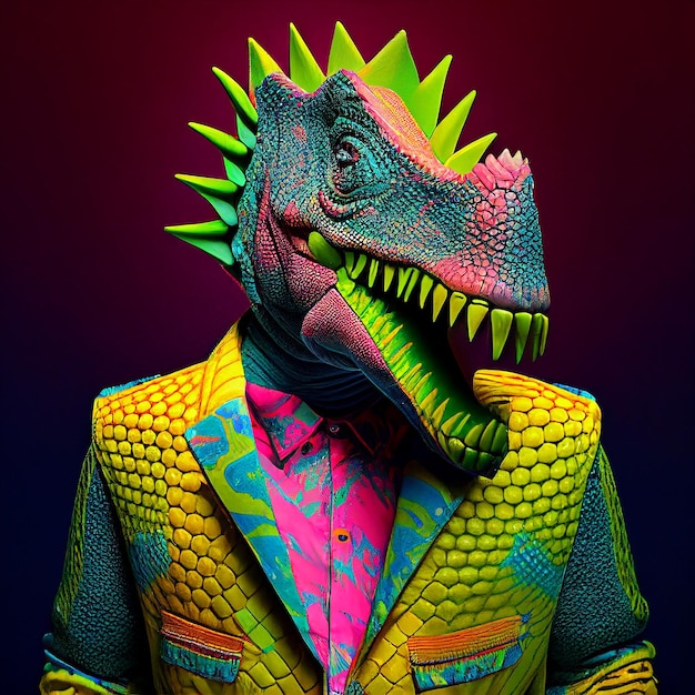 Un dinosaure coloré avec un mohawk vert porte un costume.