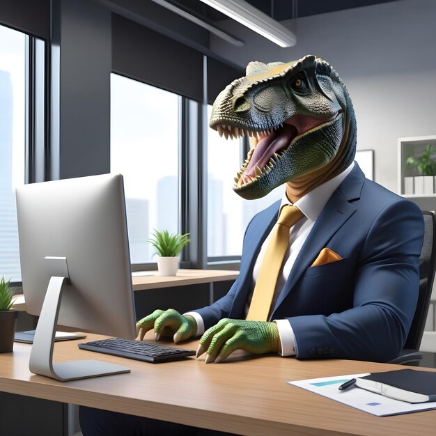 Photo dinosaure avec concept d'employé de bureau d'ordinateur reptile anthropomorphe