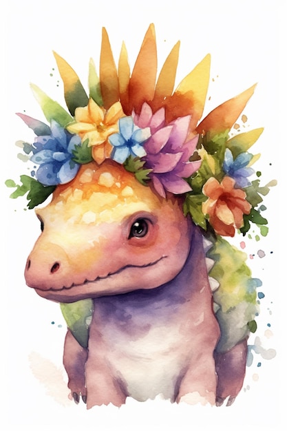 Un dinosaure avec une couronne de fleurs