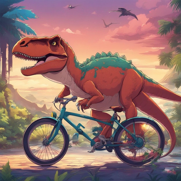 dinosaure sur cycle fantasy photo ai généré art