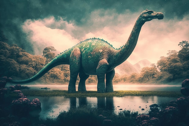 Dinosaure dangereux coloré Diplodocus dans une nature préhistorique luxuriante par Generative AI