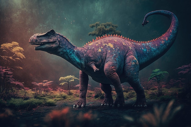 Dinosaure dangereux coloré Edmontosaurus dans une nature préhistorique luxuriante par Generative AI